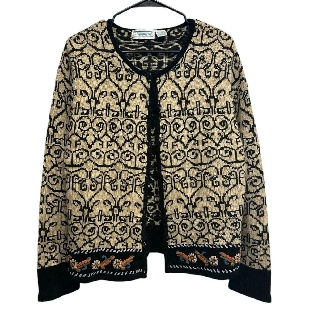 Vintage 80s Shenanigans Cardigan Sweater Women’s Size Black & Tan Nordic
